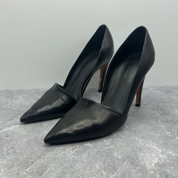 VINCE Claire Black Leather Pump Stiletto Heels Size 7.5 M Pointed Toe D'Orsay - Picture 1 of 12